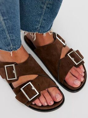 Alohas Alba Double Buckle Slide Sandals Suede Brown Shoes 36 6 NEW